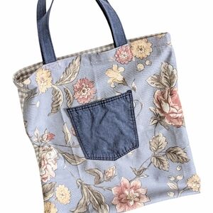 Handmade Floral & Gingham Canvas Tote Bag with Denim Pocket